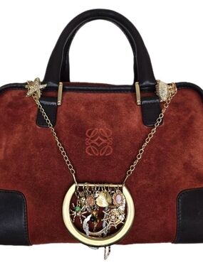 Loewe Amazona 28 Suede Bag Medium Rust Color, Brown Leather Trim